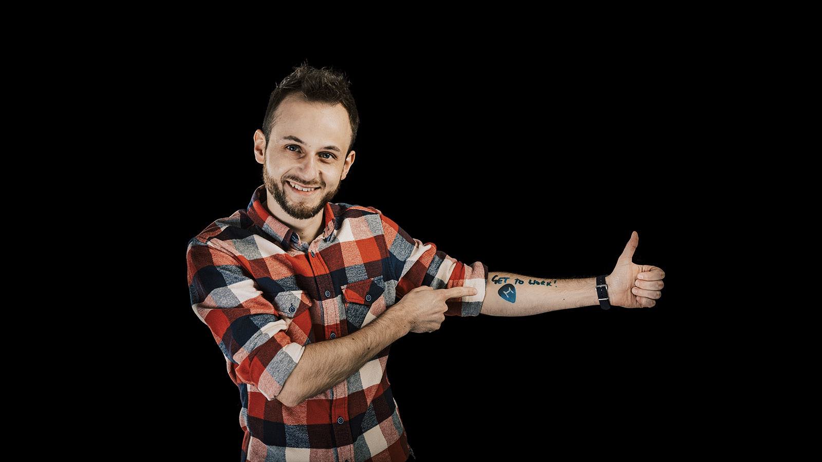 men with a red buttons shirt